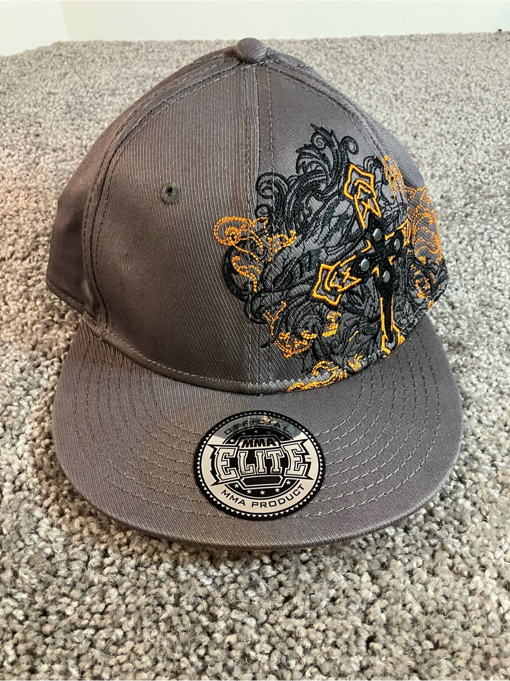 Y2K MMA Elite Gray Cap Hat Black & Orange Ornate Cross Size L/XL *See Photos*